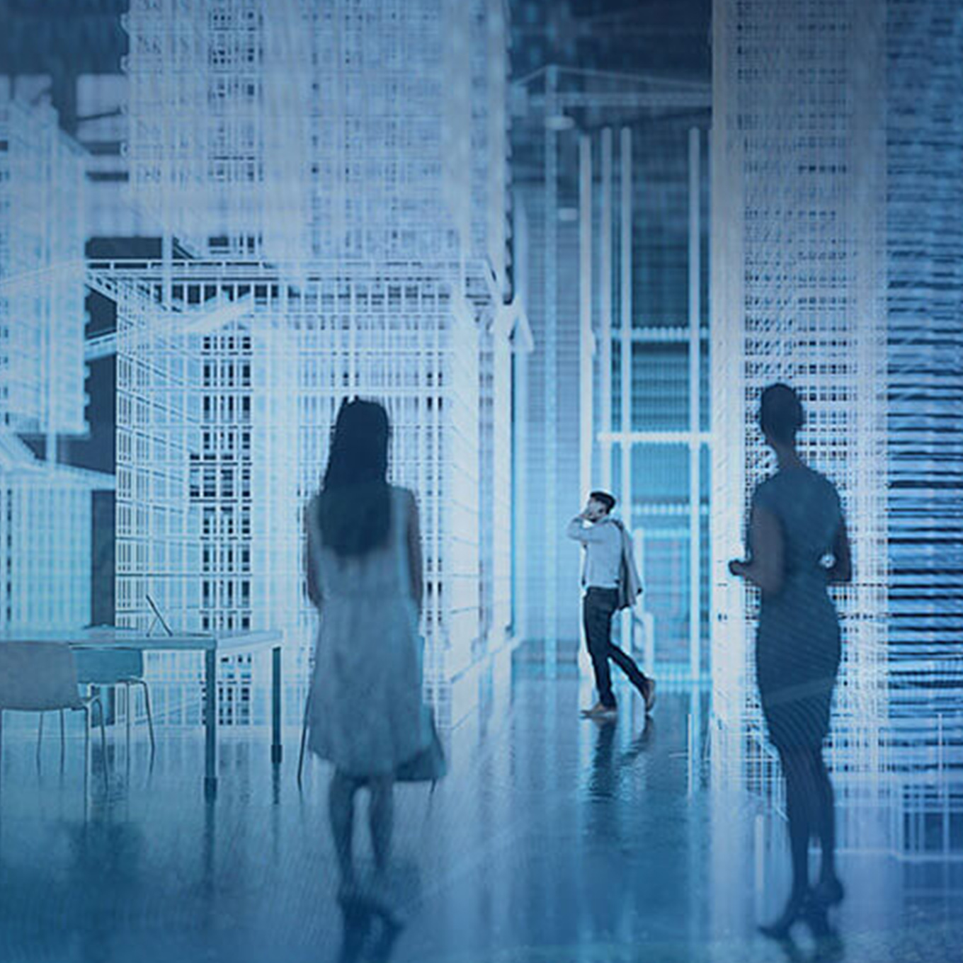Silhouettes of people in a futuristic digital office environment with blue wireframe architecture.