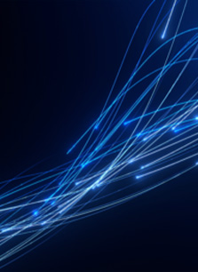 Abstract dark blue graphic with bright blue light streaks and lines forming a dynamic digital pattern.